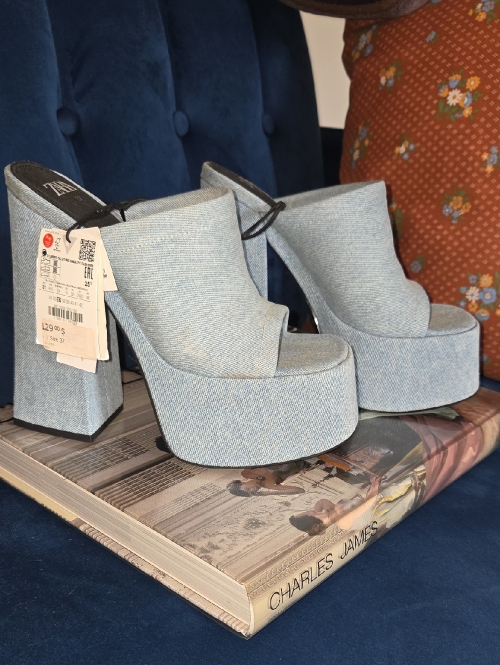 Zara Light Blue Denim Platform Mule Heels